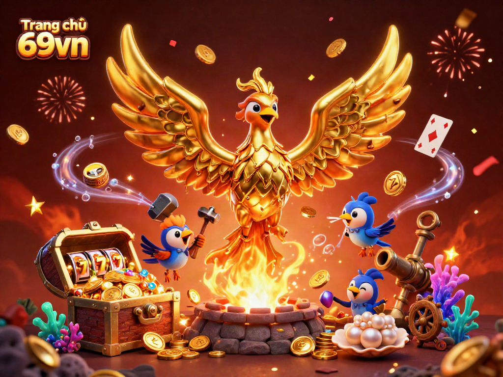 Engage in the thrilling world of Trang chủ 69vn with a vibrant illustration of a golden phoenix and casino elements.