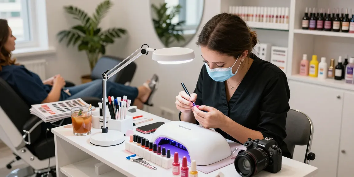 Tehnician profesionist în unghii folosind o lampa UV LED unghii pentru a fixa ojă gel într-un salon de beauty stilat.