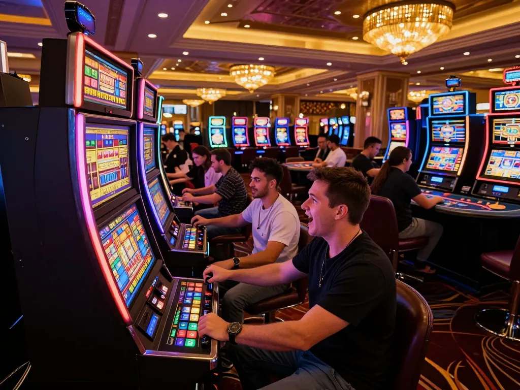 TG88 casino player engaged on slot machine, vibrant gaming atmosphere with illuminated machines
