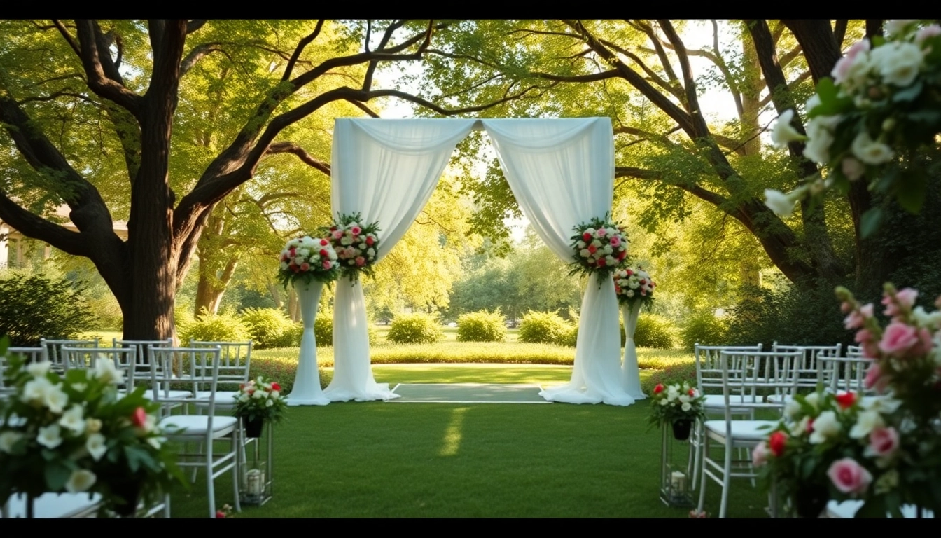 Traumhafte hochzeit location im Freien mit blühenden Blumen und eleganter Dekoration.
