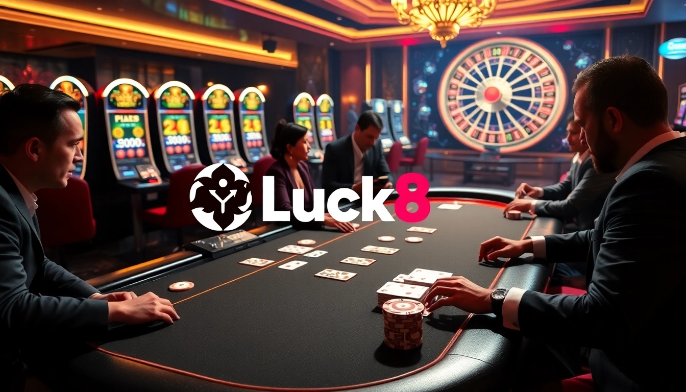 Experience luxury and excitement at Luck8 casino, with elegant poker tables and vibrant slot machines.