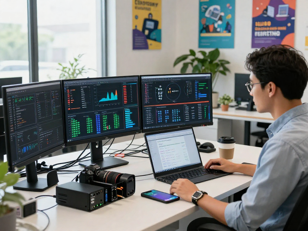 Analista de web hosting México monitoreando rendimiento de servidores en oficina moderna.
