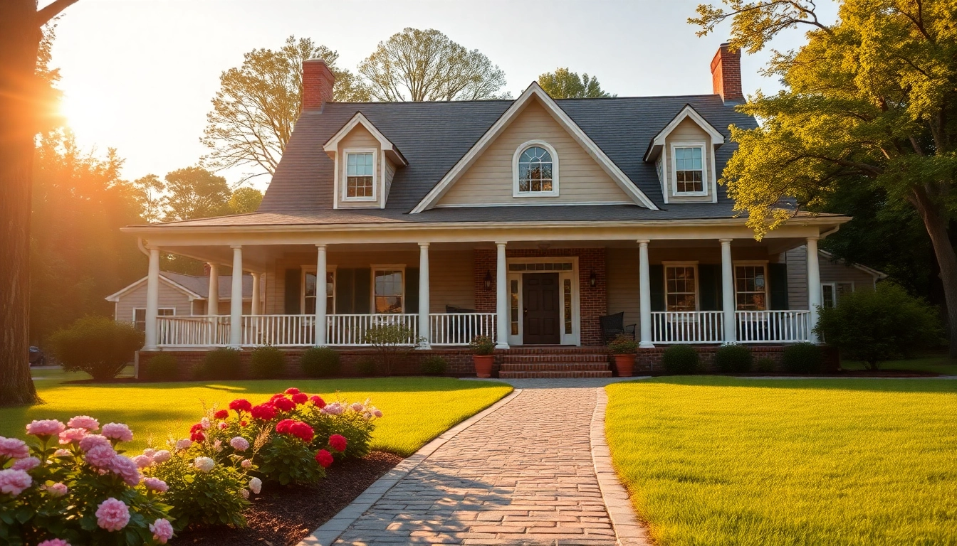 View of a luxurious colonial home build featuring a traditional porch and vibrant landscape.