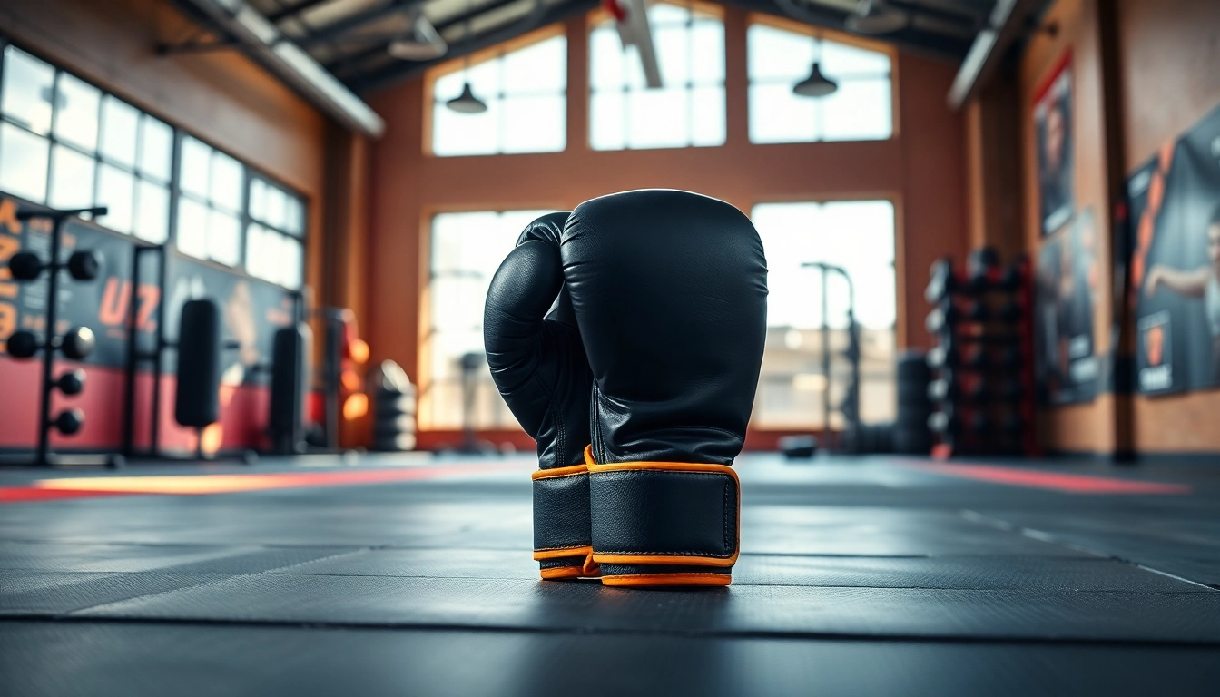 MMA gloves displayed prominently on a training mat, showcasing their sleek design and vibrant accents.