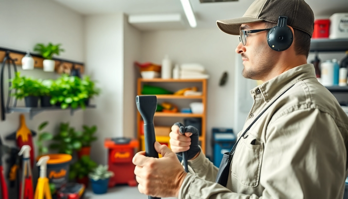 Applying garage pest treatment efficiently with expert tools in a clean garage.
