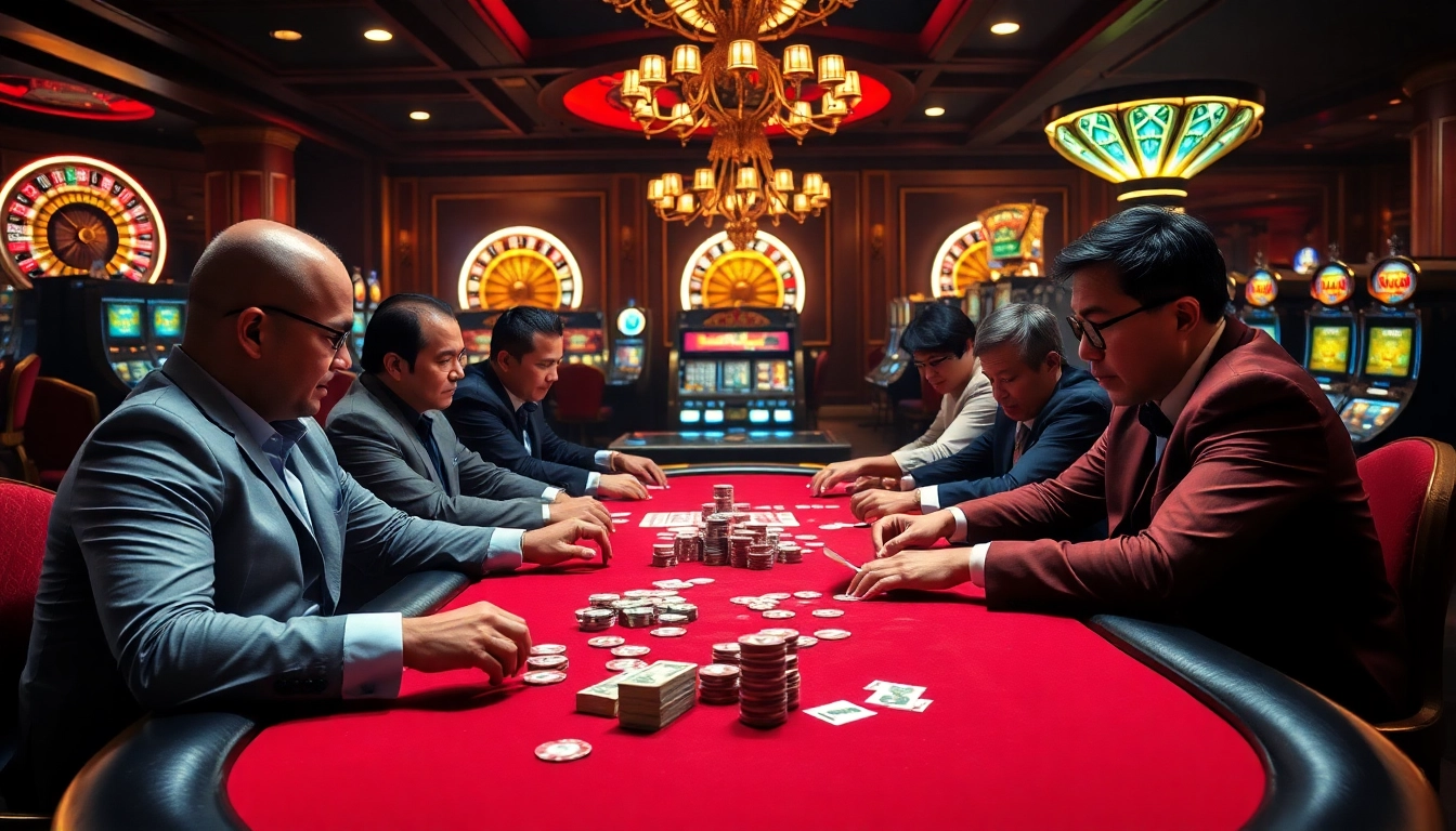 Engaged poker players at a vibrant table, showcasing casino excitement and strategies at https://123hero.pro/.