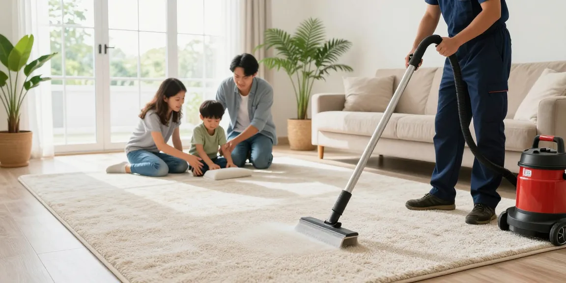Carpet cleaning near me: professional technician cleaning a cozy living room carpet.