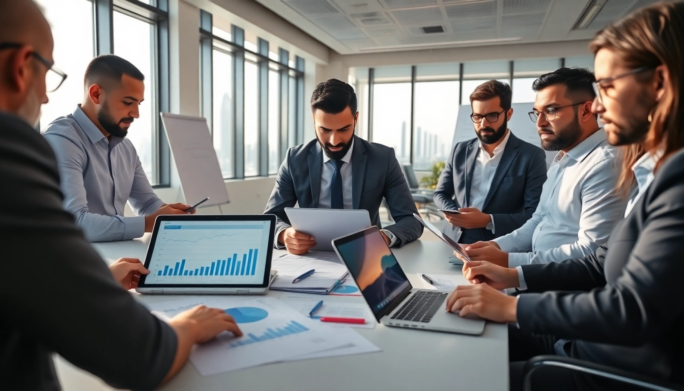 VAT Services in UAE office scene showcasing professionals reviewing financial documents and tax compliance charts.