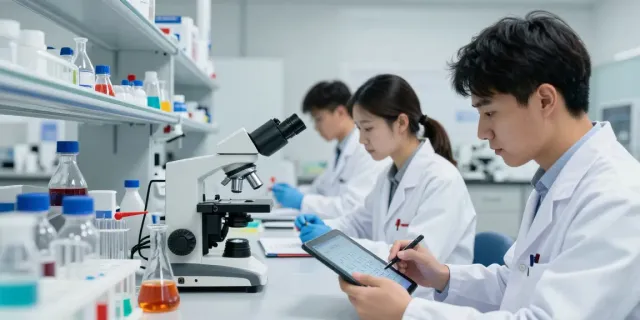 Researchers at SwissChems analyzing peptides in a modern laboratory.