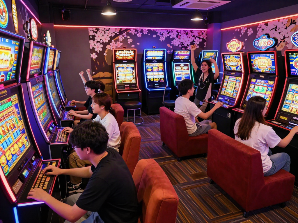 Players enjoying the excitement of slot jepang machines in a vibrant gaming lounge.