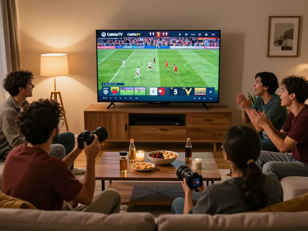 Engaged friends watching Trực tiếp bóng đá CakhiaTV during a football match in a cozy home setting