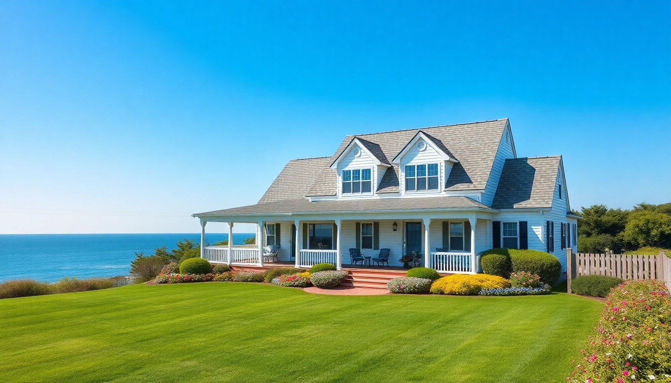 Elegant cape cod home surrounded by vibrant landscaping and coastal views.