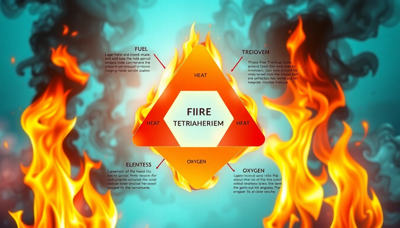 Understanding the fire tetrahedron through a dynamic infographic featuring its four essential elements.