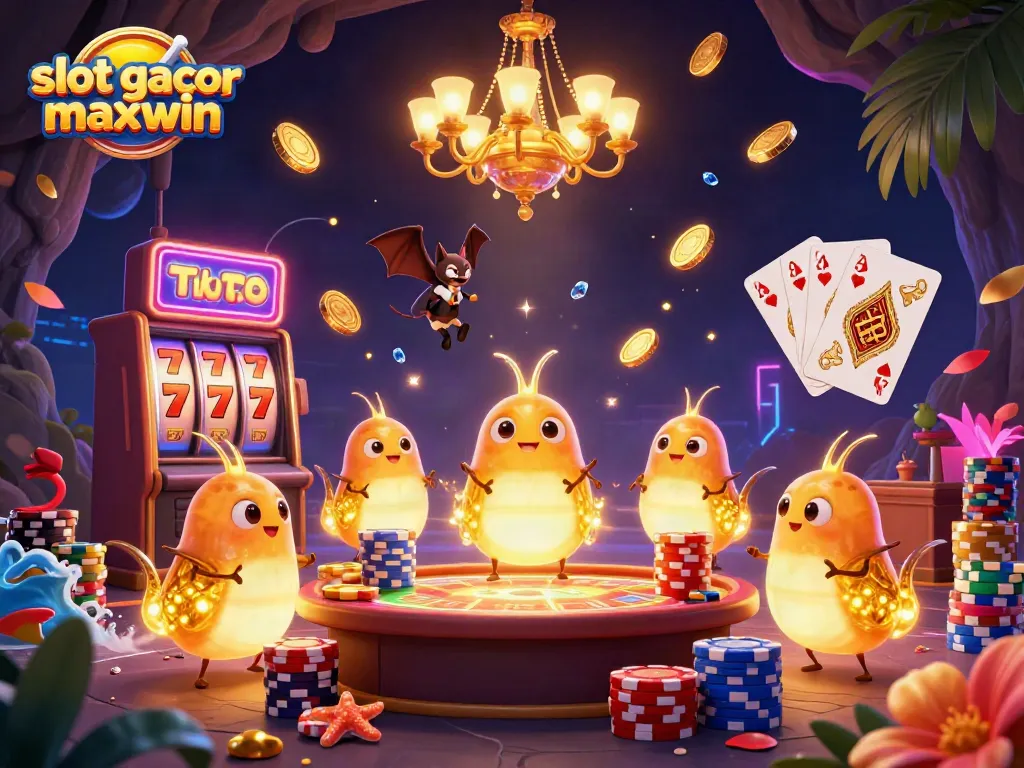 Play slot gacor maxwin with vivid glowworms illuminating a vibrant cave casino scene filled with excitement.