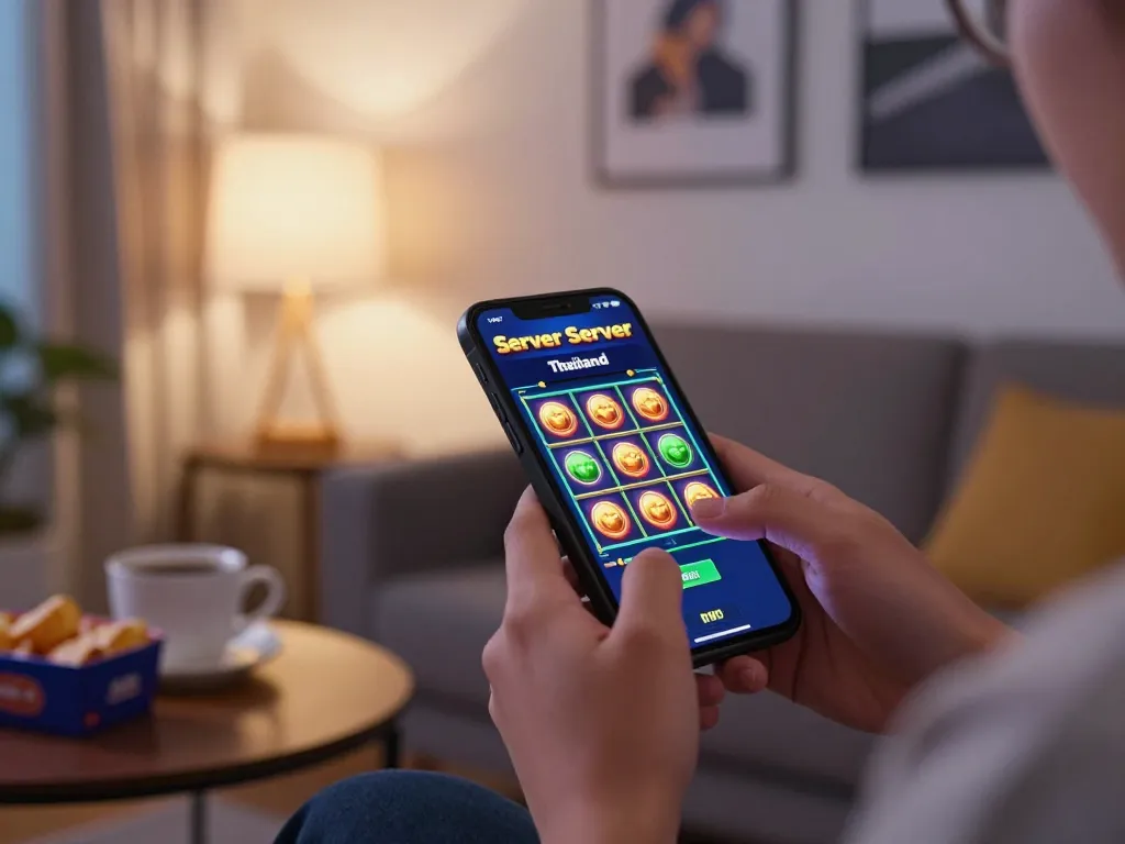 Person enjoying an exciting online gaming session using the slot server thailand on their smartphone.