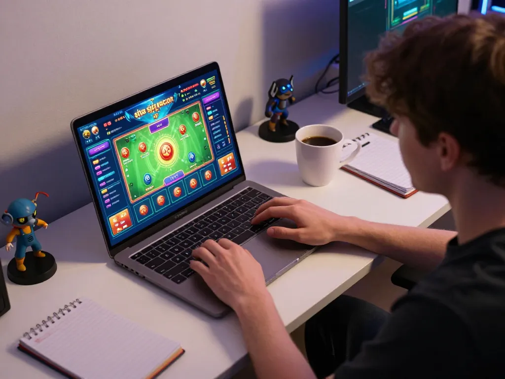 Engaging in situs slot gacor gaming session on a laptop in a cozy home office