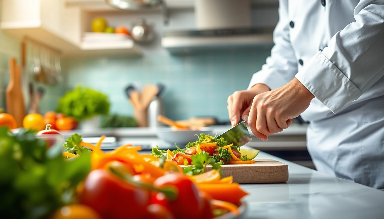 Chef crafting a colorful dish at dishfacts, emphasizing culinary creativity in a modern kitchen.