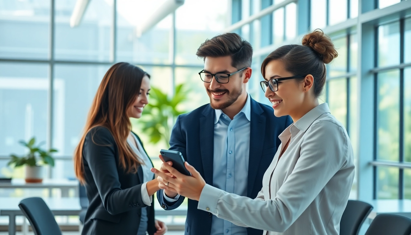 Dynamic scene of an enterprise assistant helping employees in a modern workspace.