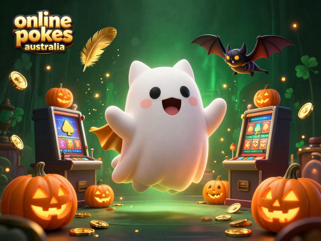Engage with online pokies Australia featuring a ghost cat in a haunted casino, vibrant jackpot elements.