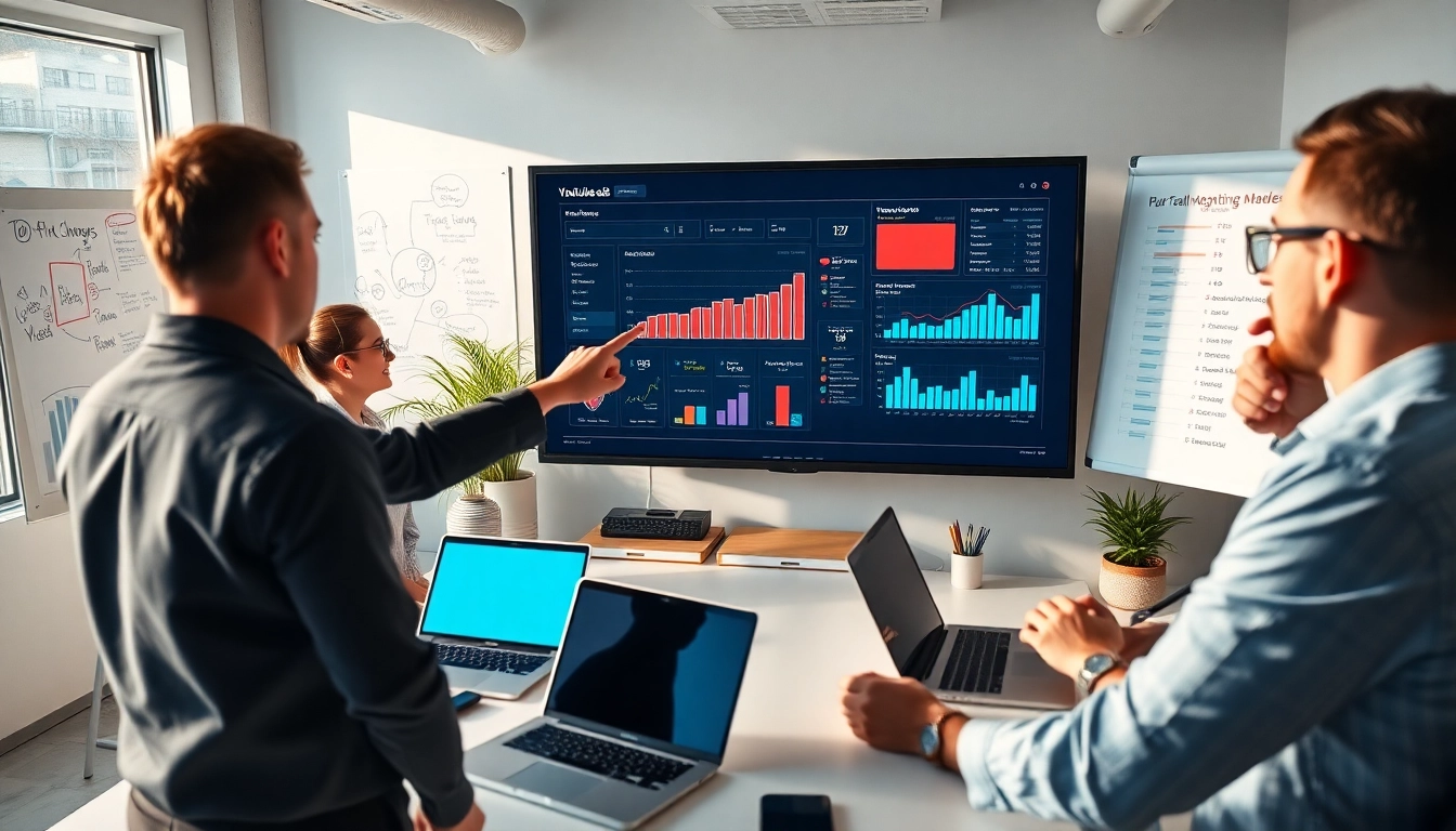 Engaging team analyzing YouTube ads data in a bright office environment.