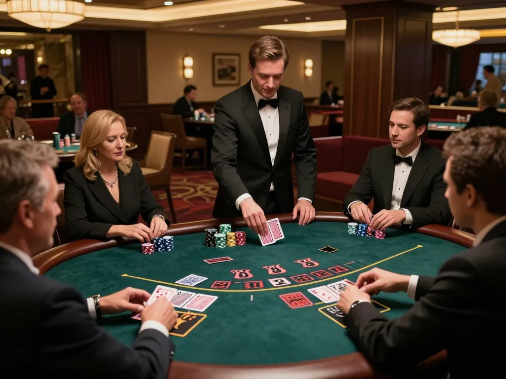 Engaging gameplay at https://n188.build/ blackjack table, showcasing players in action with stacks of chips.