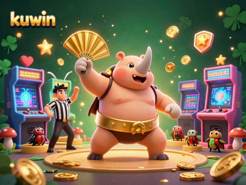 Kuwin's sleek digital casino scene featuring a sumo champion beetle, golden coins flying, and dynamic game elements.