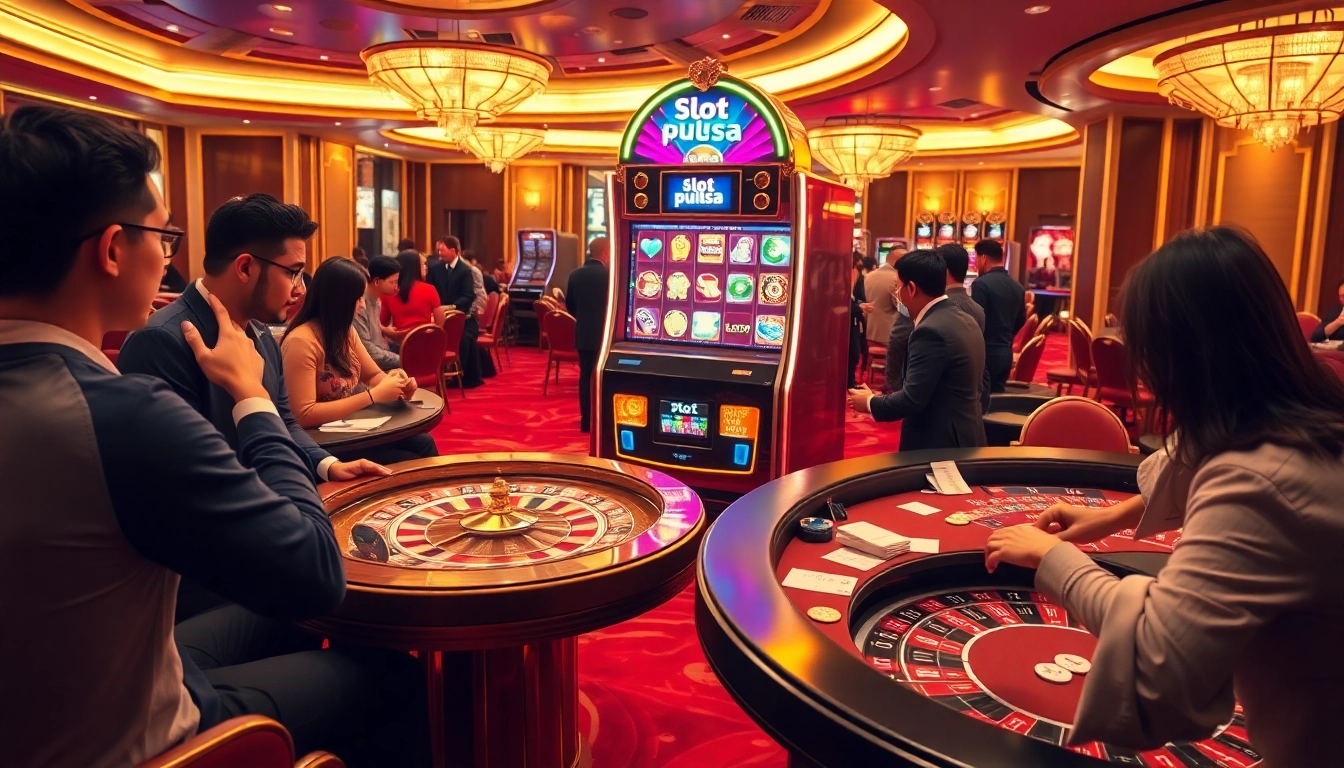 Experience the thrill of slot pulsa with players celebrating wins at a luxurious casino.