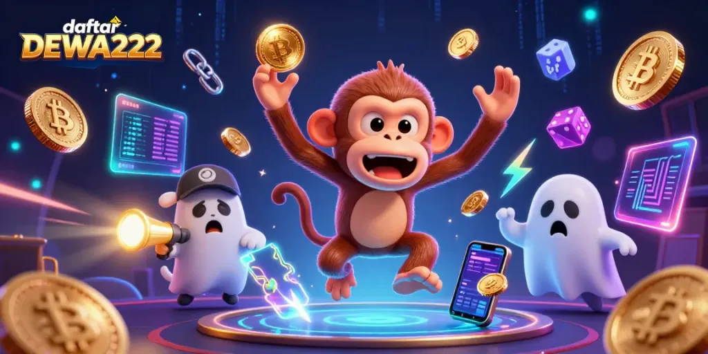 A dynamic illustration showcasing daftar DEWA222 with a playful poltergeist monkey and detective puppy in a vibrant casino setting.