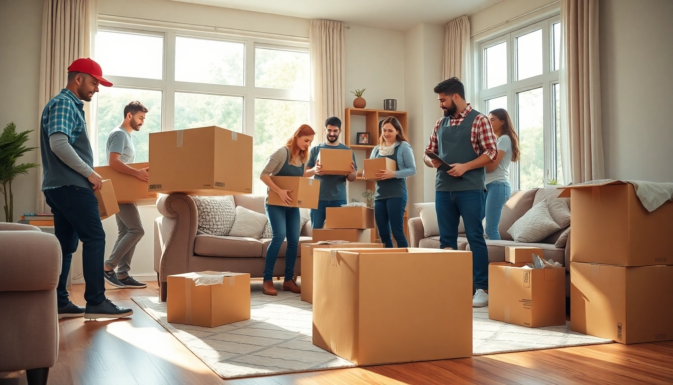 Movers near me packing a family’s belongings efficiently in a bright living room.