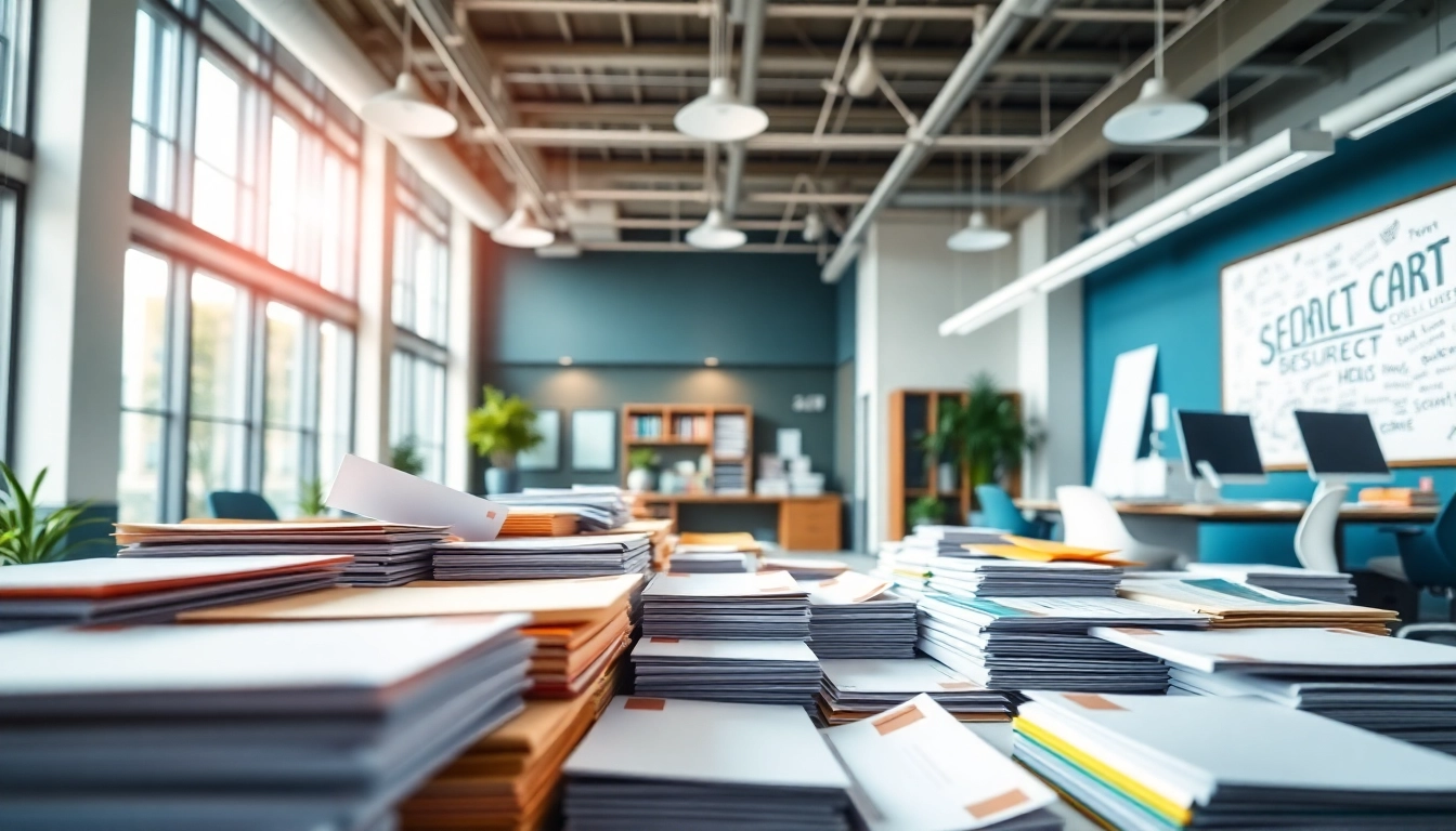 Showcased workspace of a direct mailing company emphasizing productivity and vibrant mail products.
