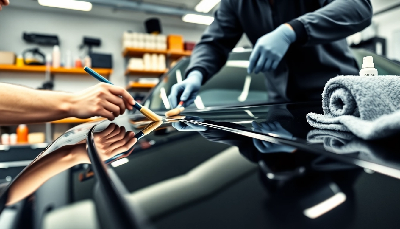 Applying ceramic coating Chattanooga to a polished black car in a bright workshop setting.