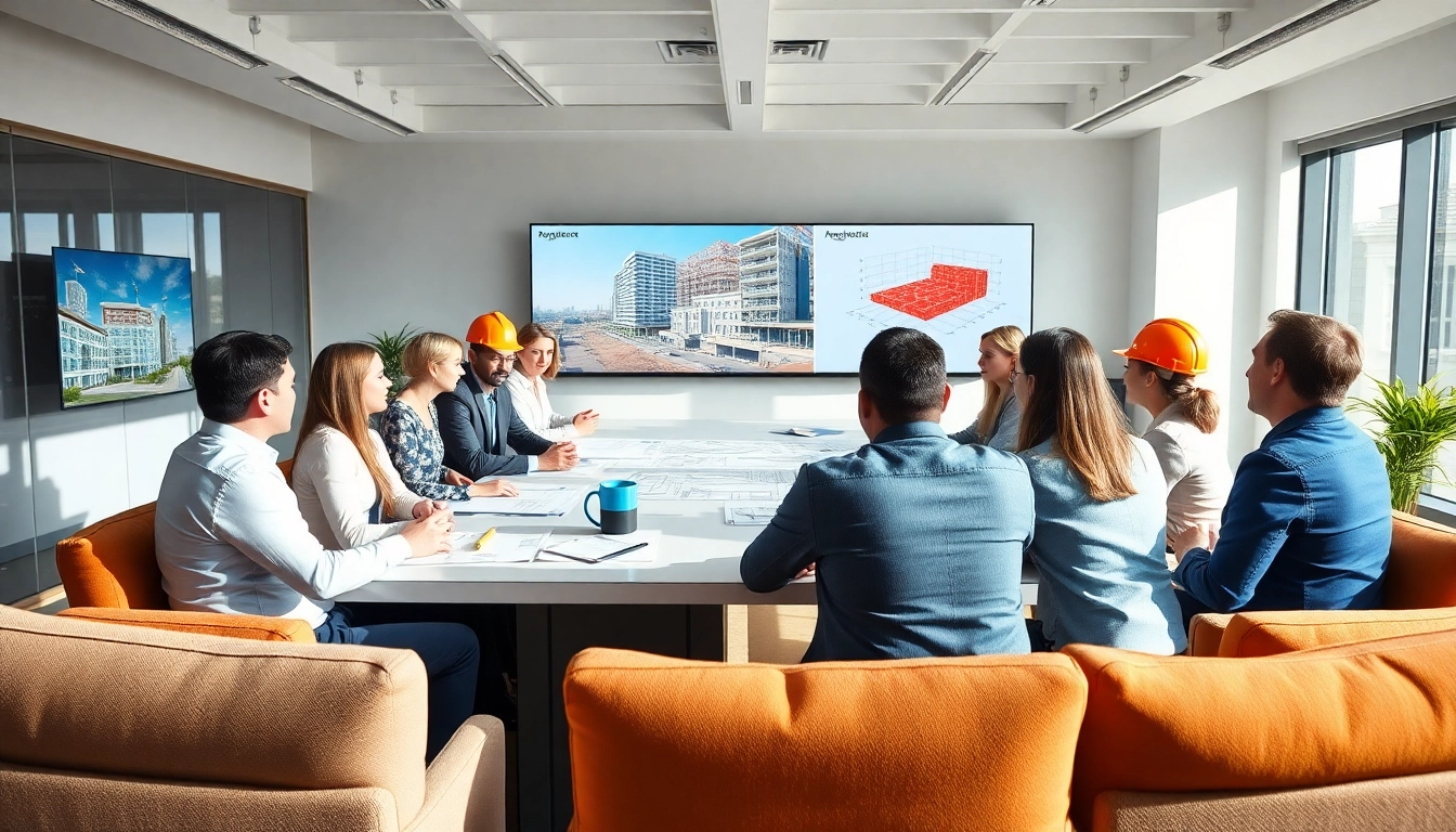 Active participants in construction advocacy discuss plans in a modern conference room.