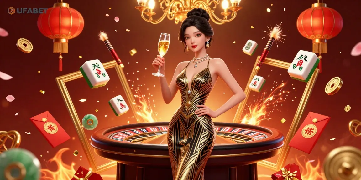 Experience the thrill of online gambling with UFABET, featuring an elegant Asian woman at a luxurious casino.