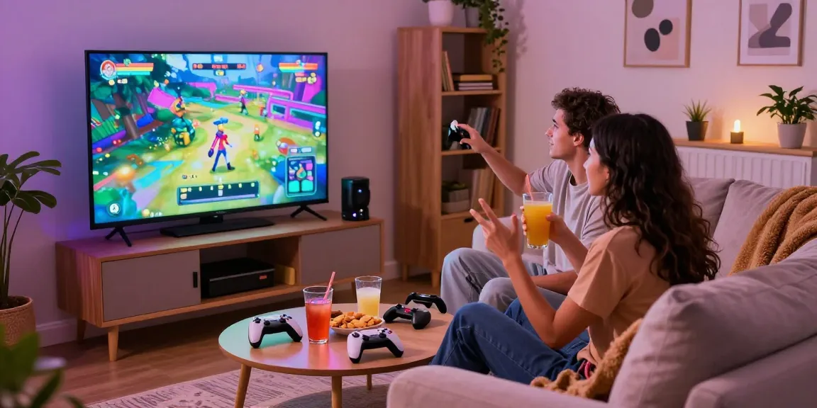 Couple playing an engaging adult game in a cozy living room setting with snacks and vibrant graphics.