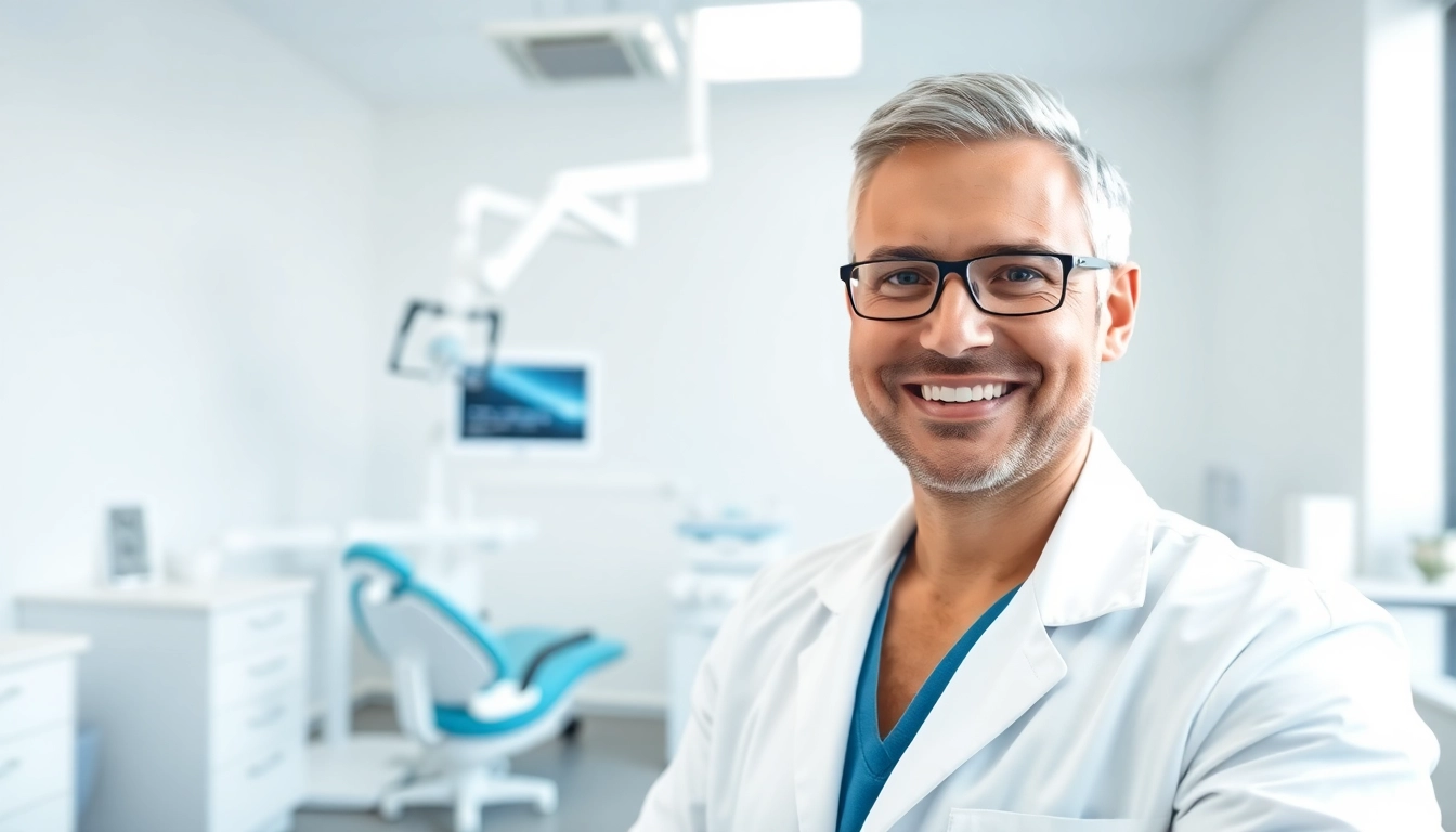 Dentist in New Lenox IL smiling in a modern clinic, showcasing a warm and professional environment.