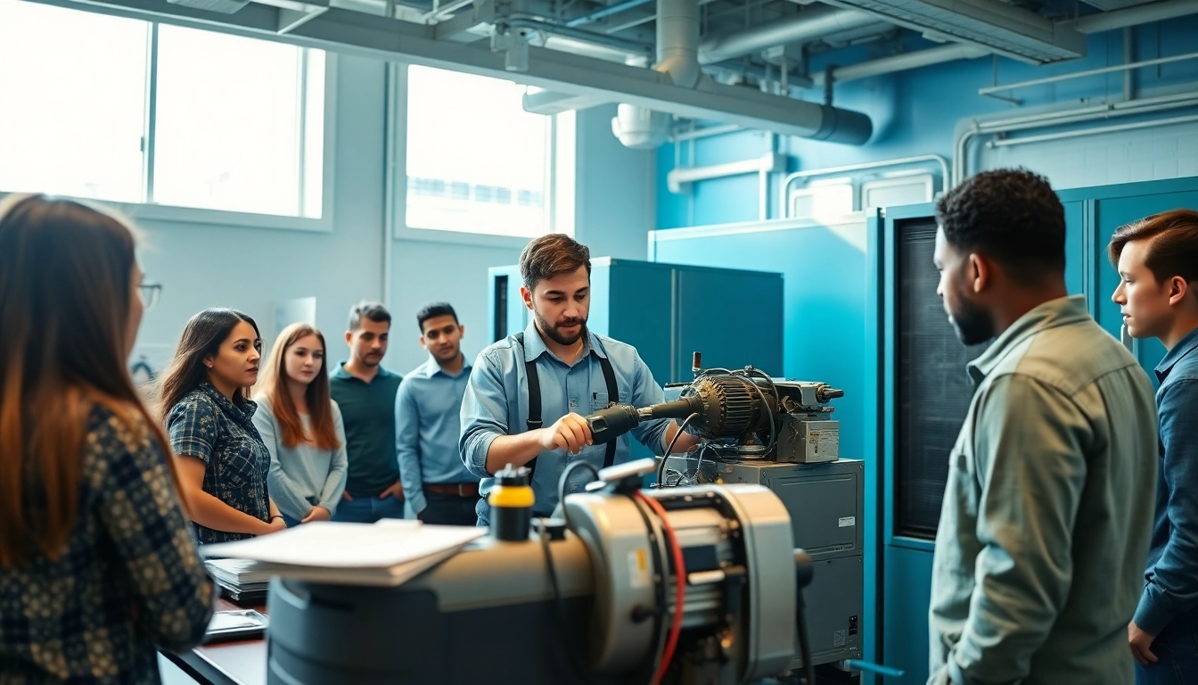 HVAC technician training in a modern facility with students engaged in hands-on learning.