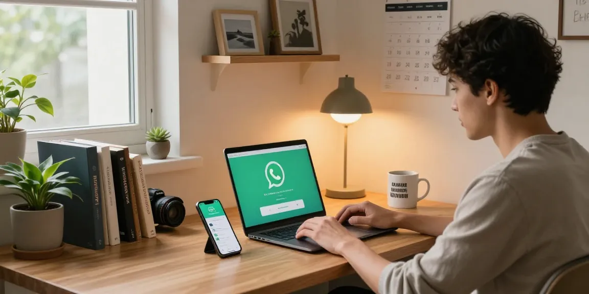 User downloading WhatsApp下載 in a cozy modern home office.
