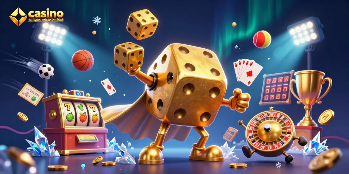 Gagnez avec casino en ligne retrait immediat; illustration 3D d'un golem de dés et des symboles de jackpots.