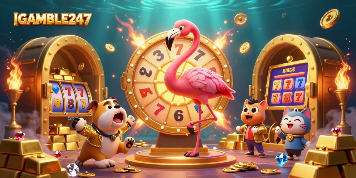 Engage with IGAMBLE247's vibrant casino scene featuring a flamingo game show host and treasures.