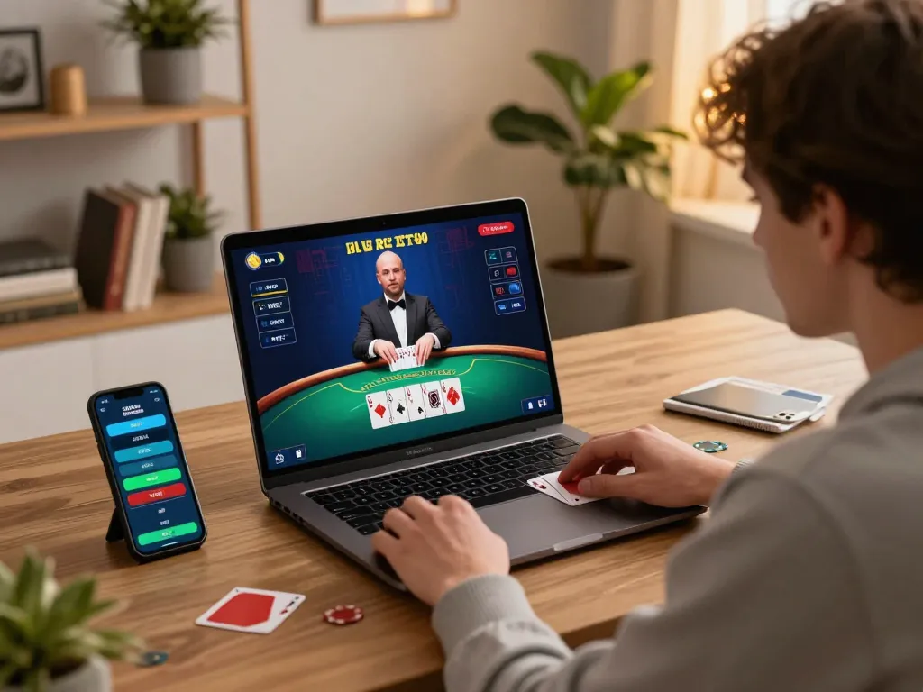 Player engaged in a live blackjack game online at home with a focus on strategies for TG88.