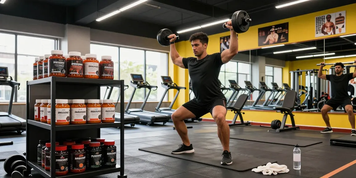 Pharmaqo Shop showcasing fitness products in a vibrant gym environment