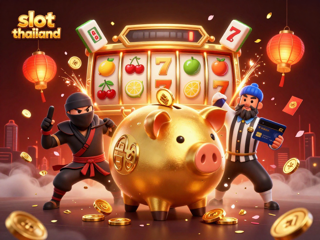 Win big in slot thailand with a dynamic casino showdown featuring a golden piggy bank and vibrant slot elements.