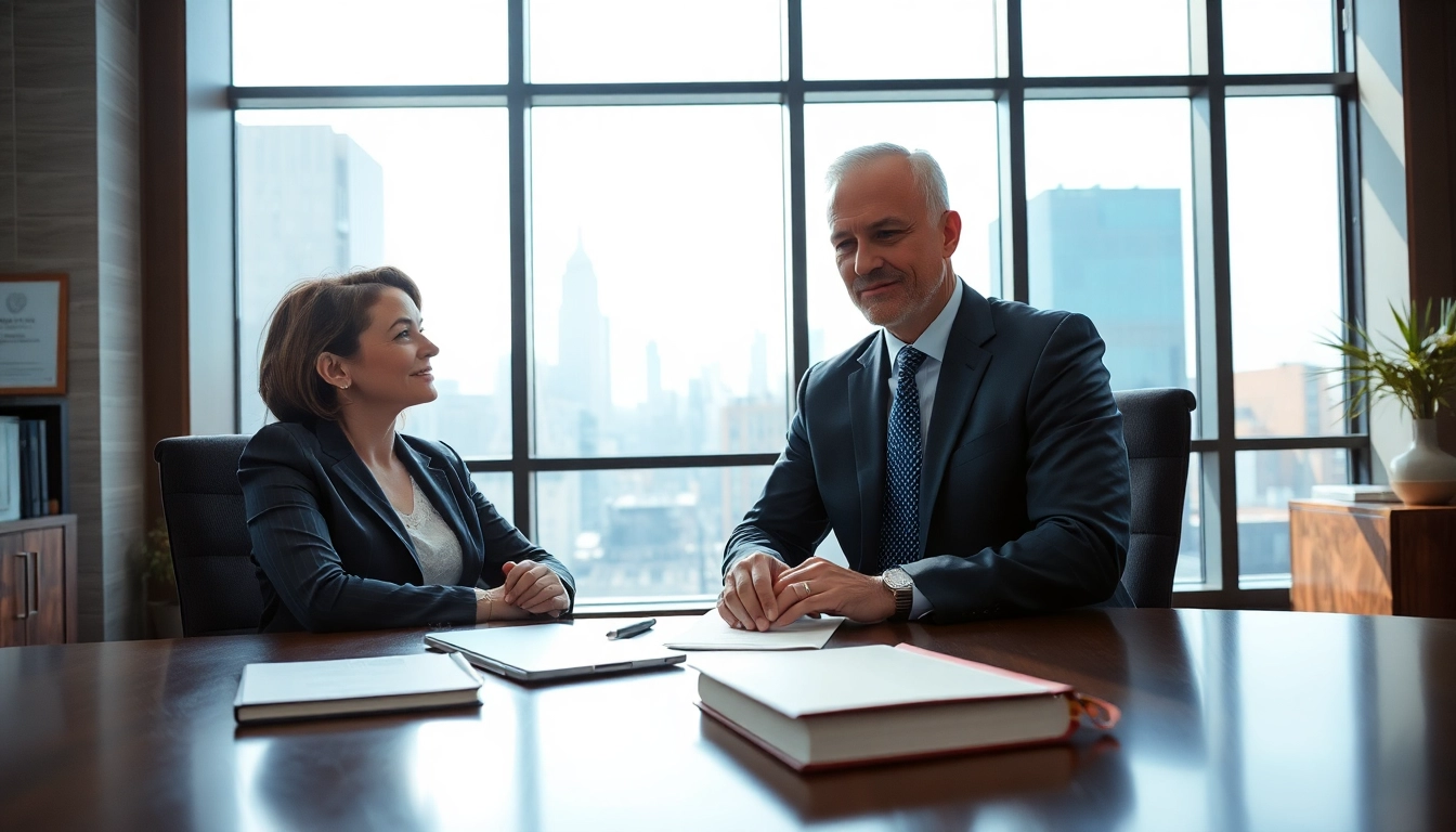 New York City injury lawyer consulting a client in a professional office setting.