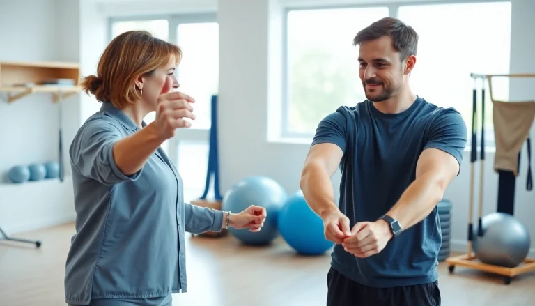 Therapist demonstrating exercises in Health in Motion Rehabilitation clinic.
