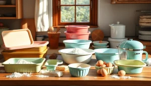 Baking tools from bakeware NZ arranged beautifully on a kitchen countertop with fresh ingredients.
