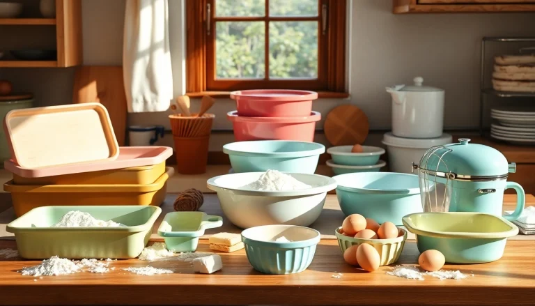 Baking tools from bakeware NZ arranged beautifully on a kitchen countertop with fresh ingredients.