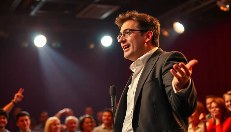 Engaging performance by comedian at https://diknews.co.uk/jonathan-pie/ with enthusiastic audience reaction.