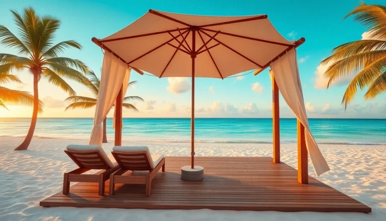 Relaxing view of a coastal cabana on a beautiful beach surrounded by palm trees.