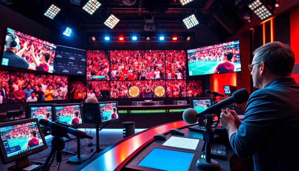 스포츠중계하는 방송 스튜디오에서 생생한 이벤트와 생중계 화면이 어우러져 있습니다.