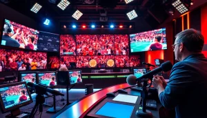 스포츠중계하는 방송 스튜디오에서 생생한 이벤트와 생중계 화면이 어우러져 있습니다.